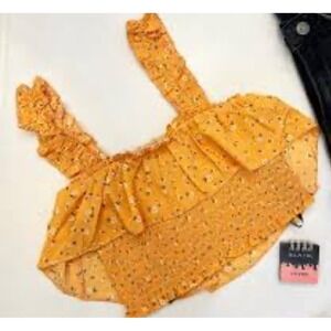 Forever 21 Floral Ruffle Smocked Crop Top Womens Medium Yellow Cute Beach‎ Boho